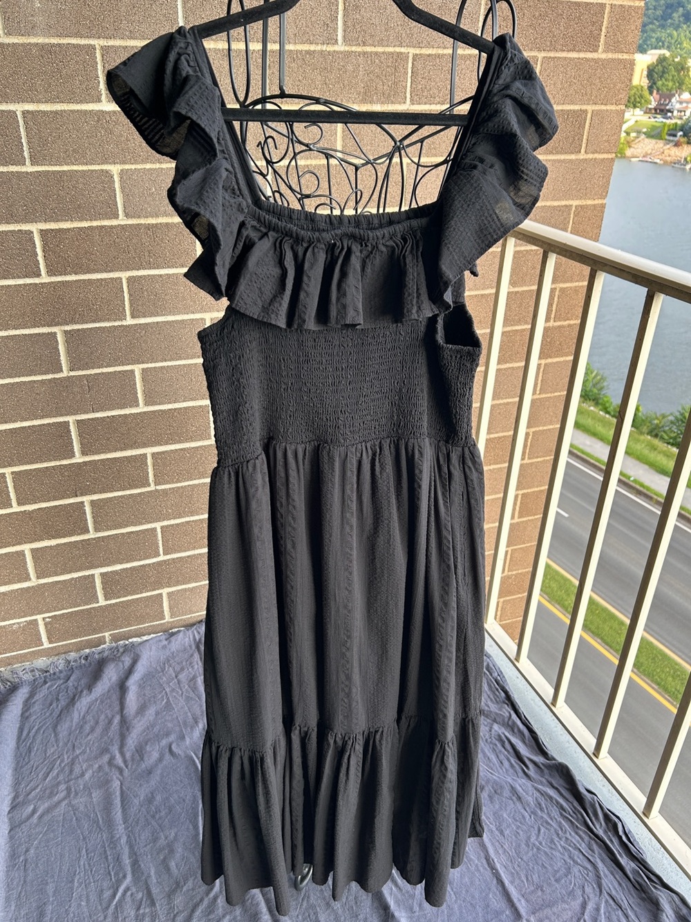 Dotti Black Off Shoulder Smocked Midi Swim Cover Up Dress Ruffle Tiered - Picture 3 of 5